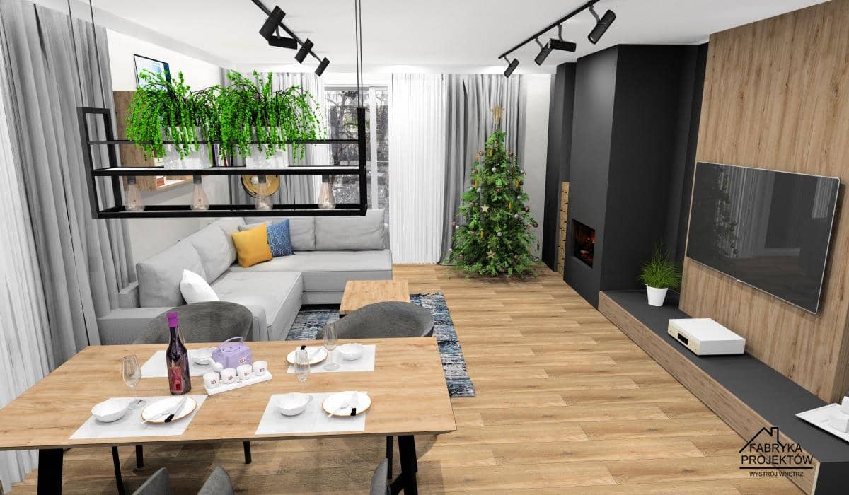 Salon z jadalnią. Pomysł na ścianę TV z kominkiem